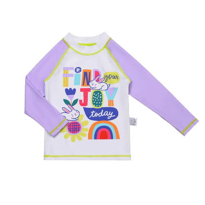 Children's long-sleeve shirt with colorful graphics and text on a white background