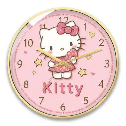 Hello Kitty clock with pink background and gold accents