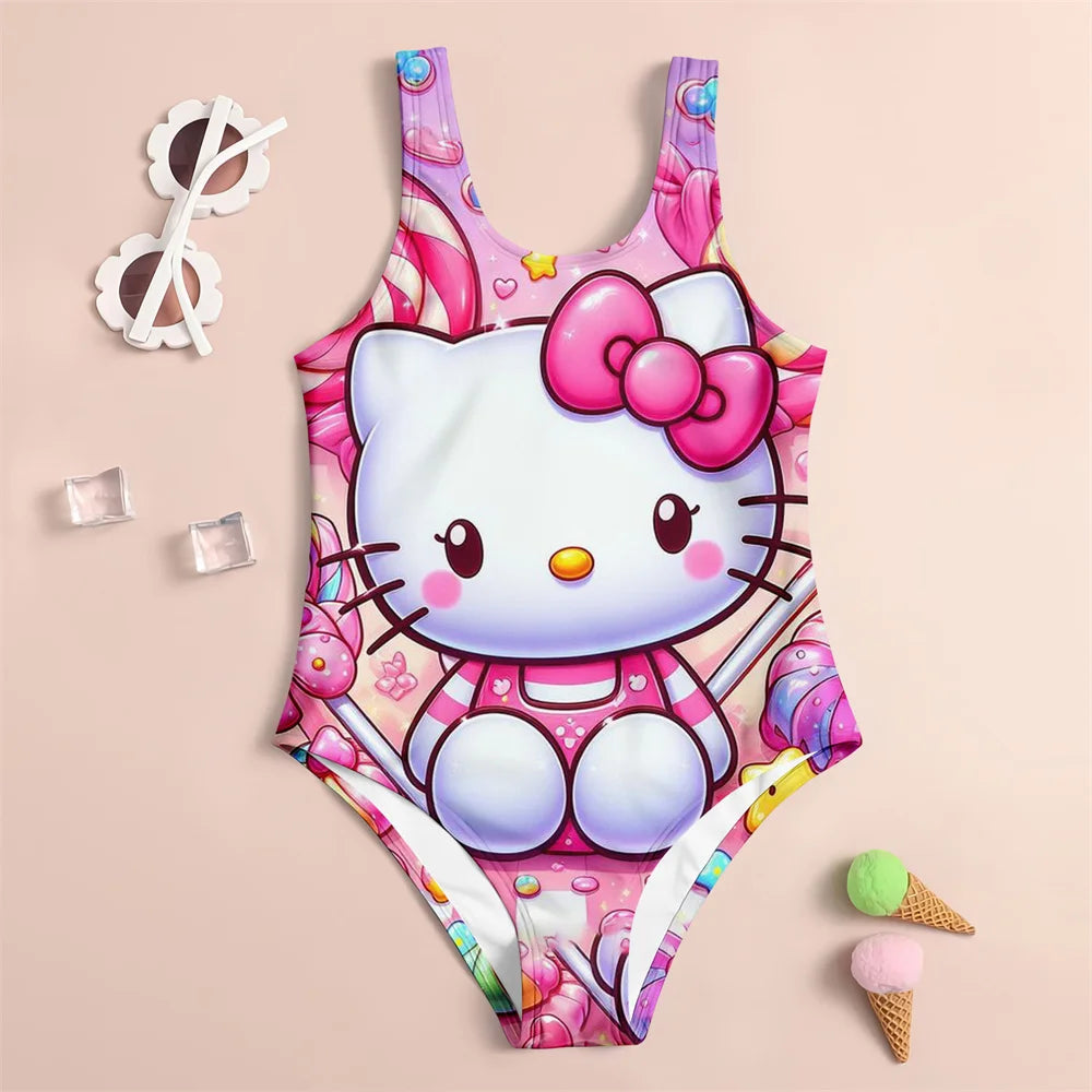 Hello Kitty-themed swimsuit on a beige background with ice cream cones and sunglasses.