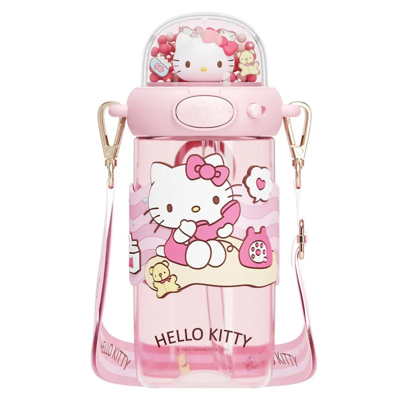 Pink Hello Kitty water bottle with a strap on a white background