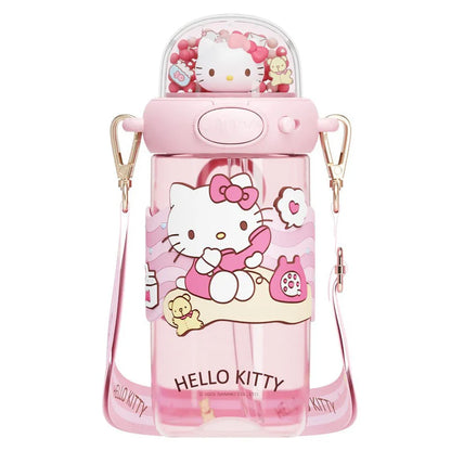 Pink Hello Kitty water bottle with a strap on a white background