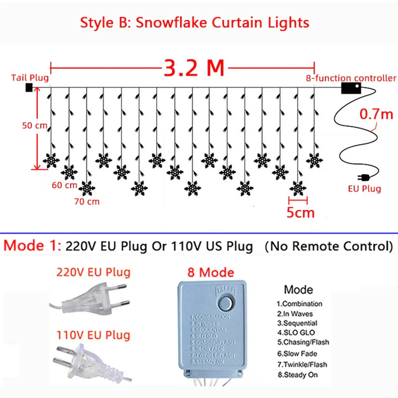 Rideau lumineux de Noël à LED 32 m 8 modes