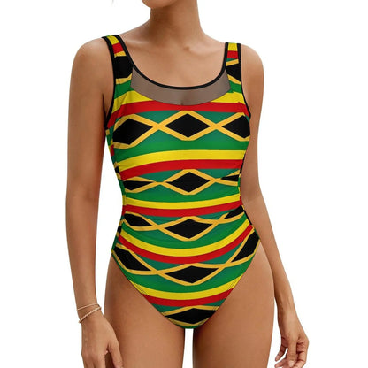 One-piece swimsuit with Rastafarian flag pattern on a white background