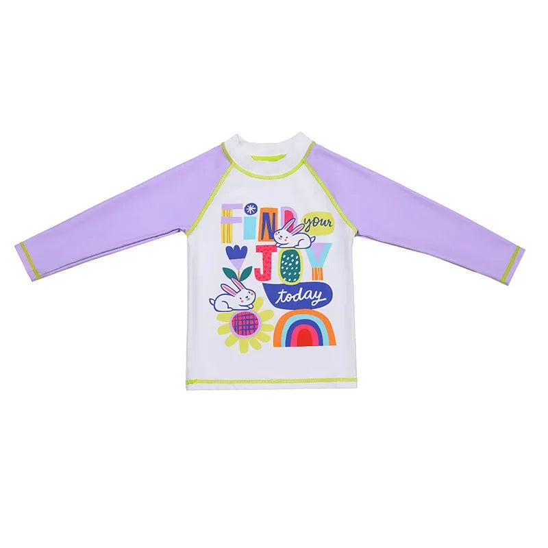 Children's long-sleeve shirt with colorful graphics and text on a white background