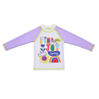 Children's long-sleeve shirt with colorful graphics and text on a white background