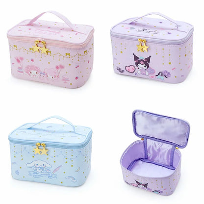 Set of four colorful cosmetic bags with cartoon designs on a white background