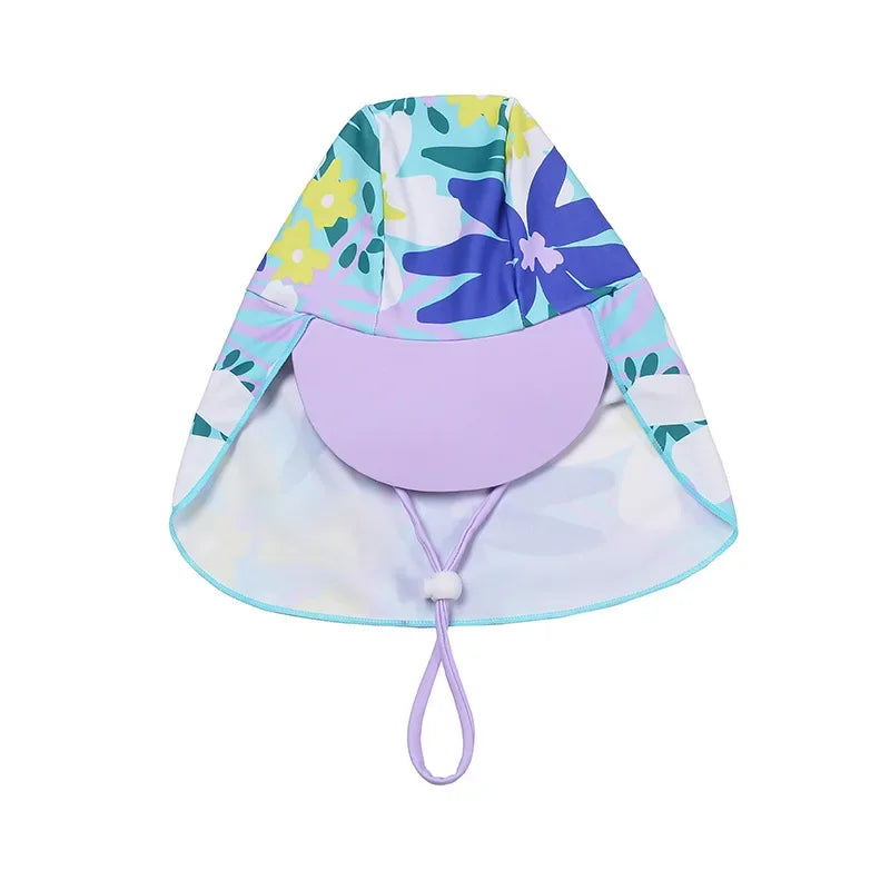 Floral-patterned baby sun hat with a purple strap on a white background