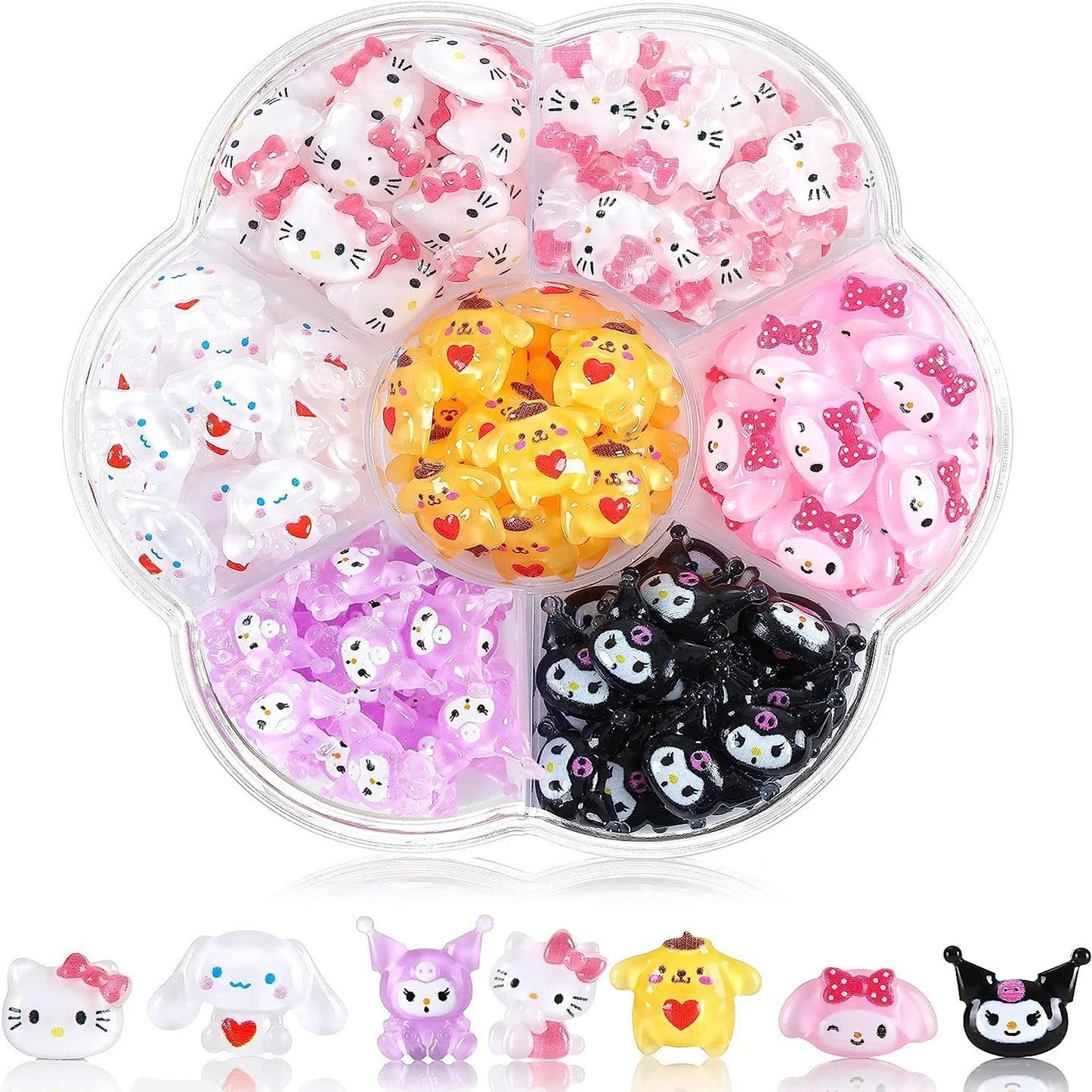 Set of colorful squishy toys in a clear container with small figures displayed below.