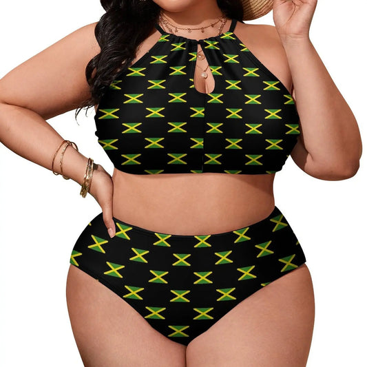 Woman wearing a black bikini with green and yellow flag pattern on a white background