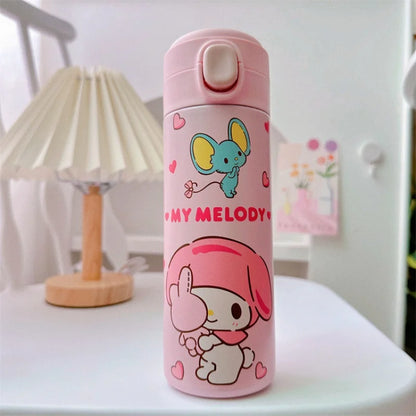 Pink water bottle with cartoon characters on a white surface