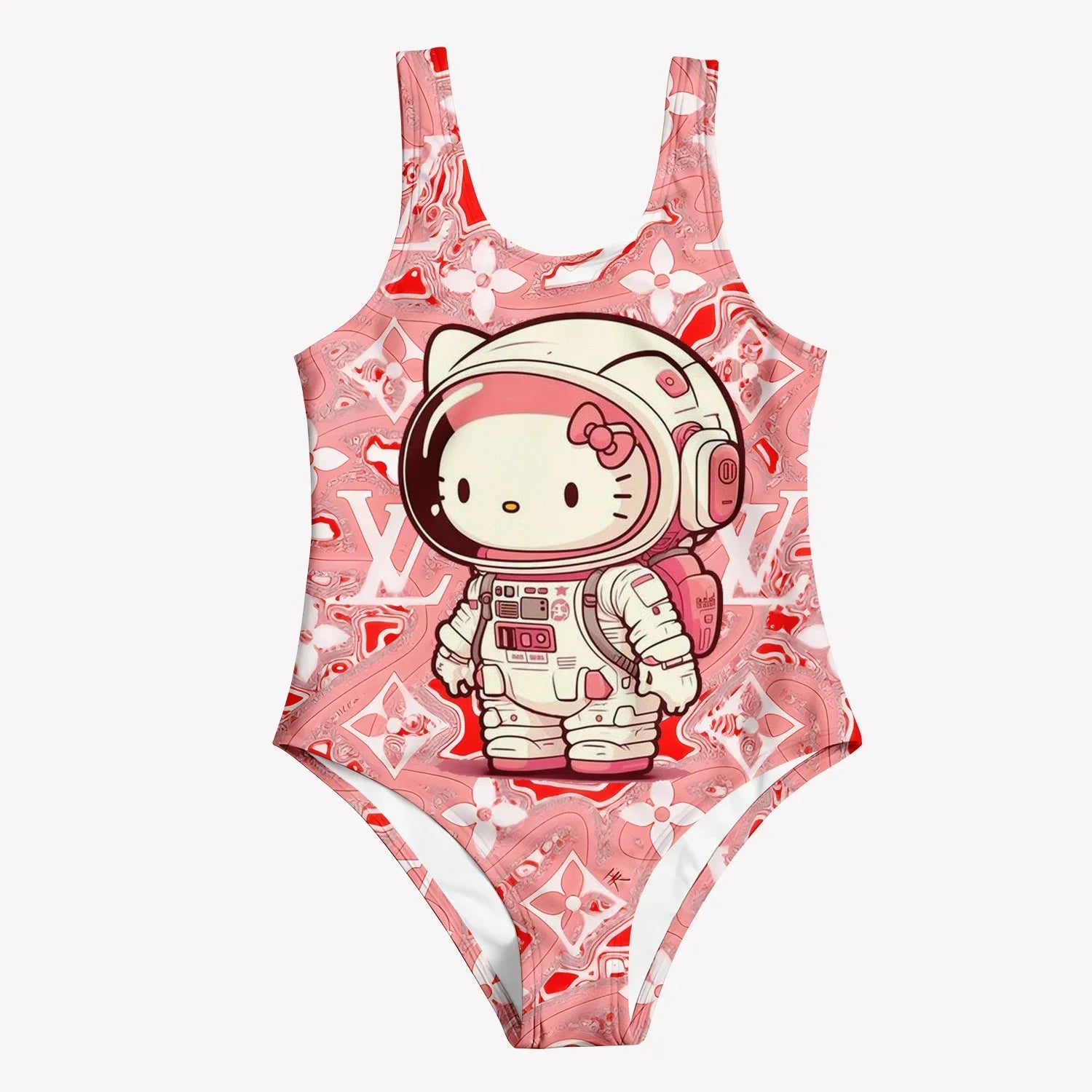 Pink astronaut-themed swimsuit with a cartoon character on a white background