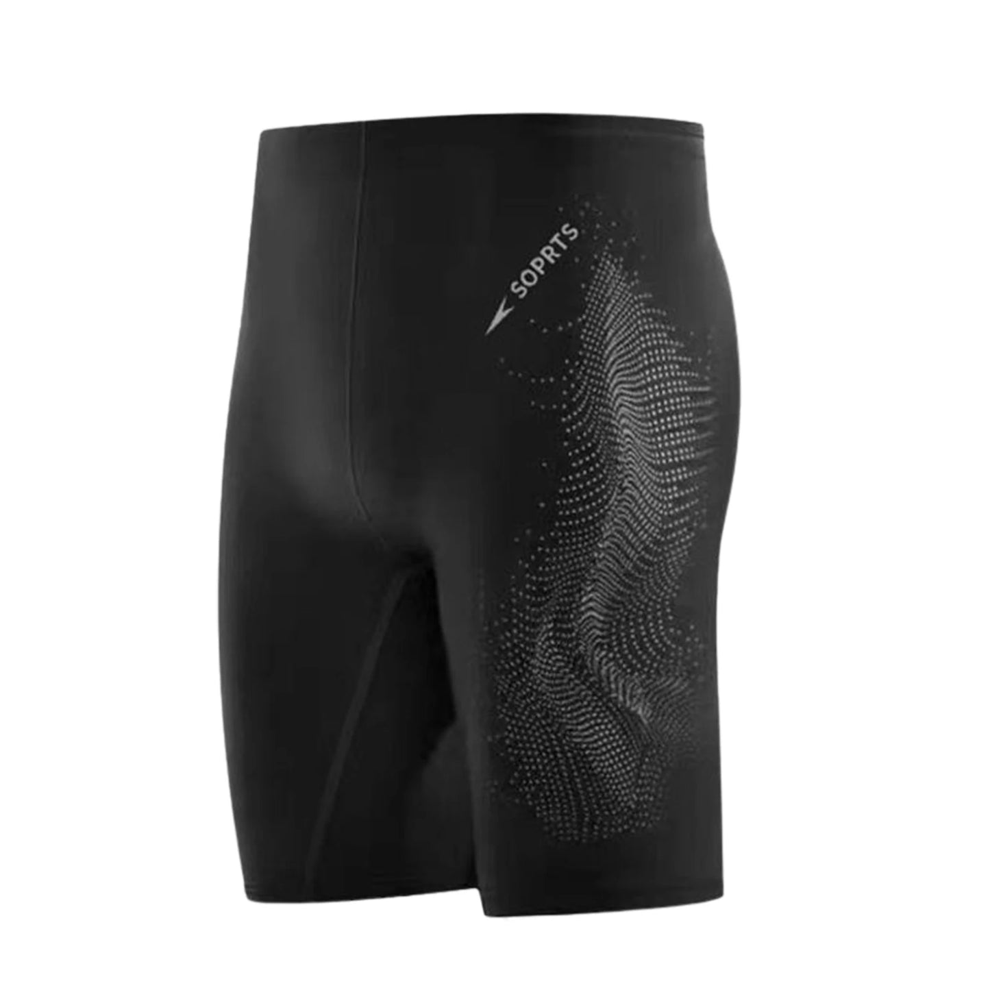 Black swim shorts with a pattern on a white background