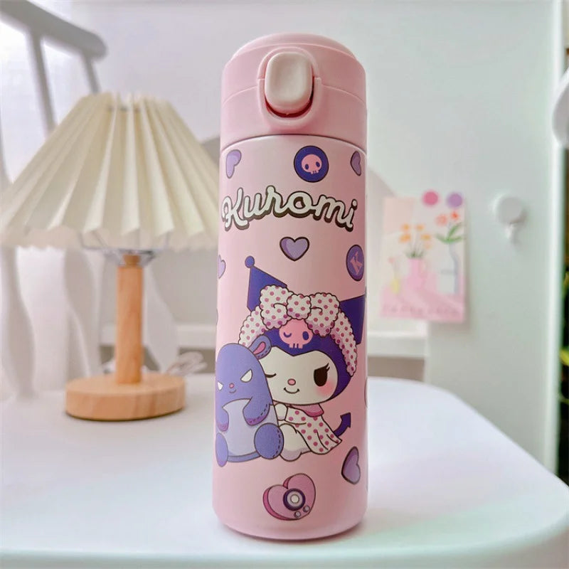 Pink thermos bottle with cartoon character design on a white surface
