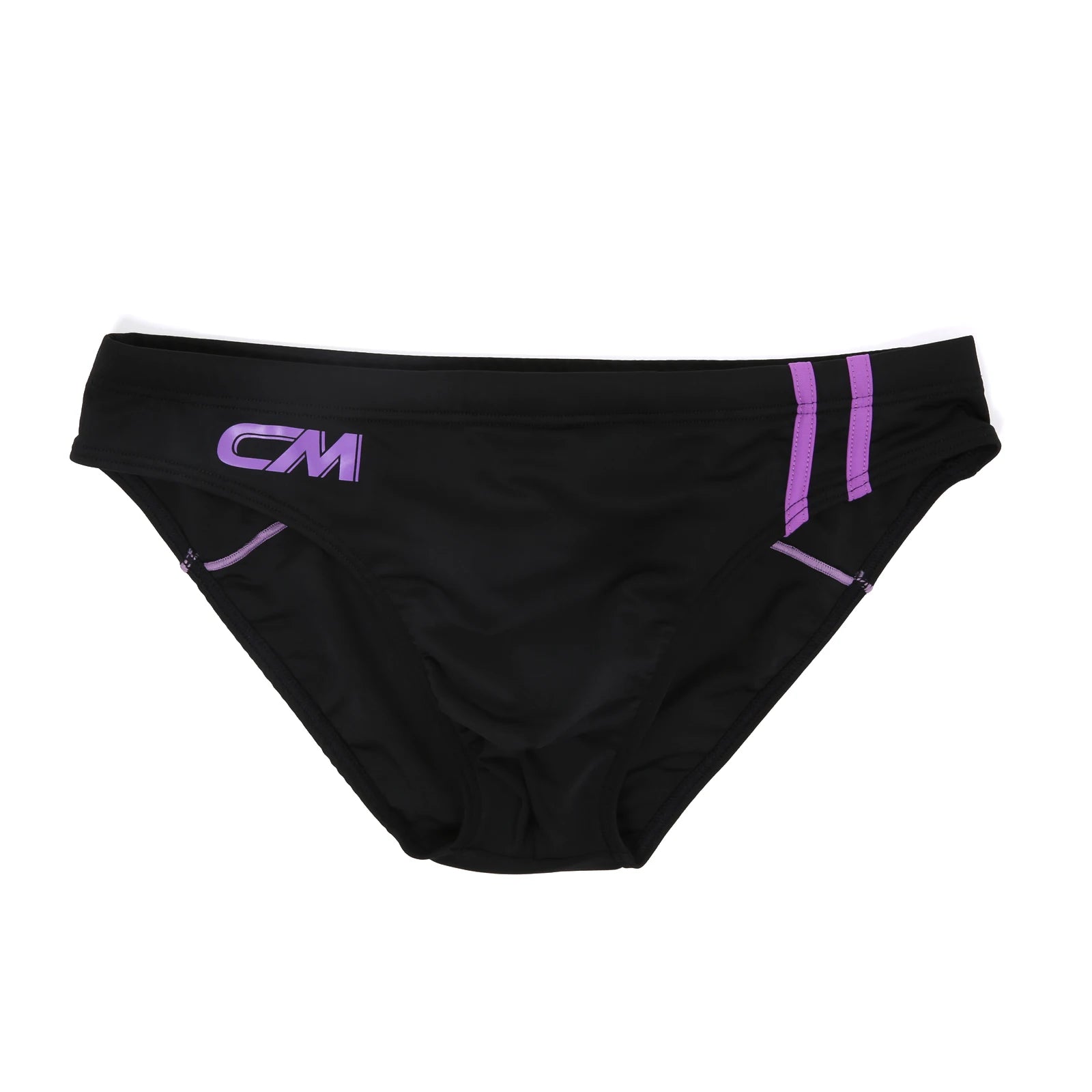 Black swim briefs with purple accents and logo on a white background