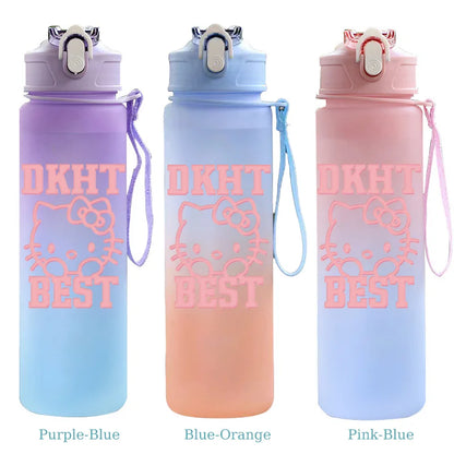 Three water bottles with DKHT Best design in purple, blue, and pink on a white background.