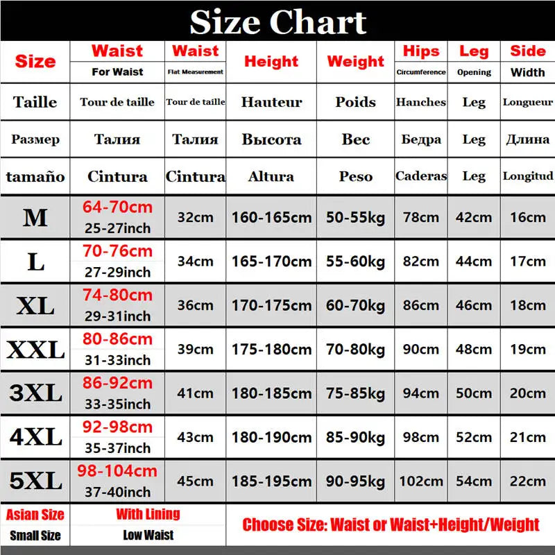 Size chart all through