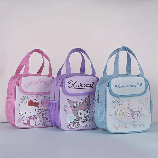 Three cartoon-themed bags with 'Hello Kitty', 'Kuromi', and 'Cinnamoroll' on a light background
