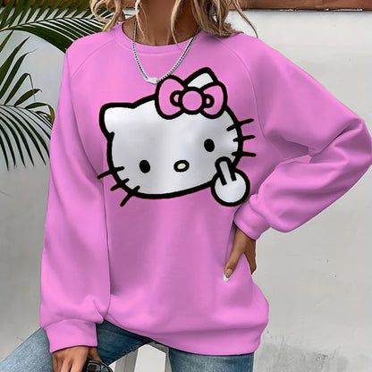 Pink sweatshirt with a cartoon character design on a plain background