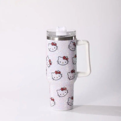 Travel mug with Hello Kitty pattern on a white background