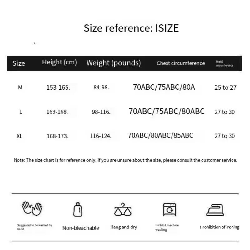 Size reference chart for clothing with height, weight, chest, and waist measurements.