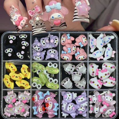 Box of cartoon-shaped nail art decorations with a close-up of applied designs on nails.