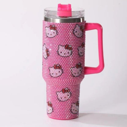Pink tumbler with Hello Kitty pattern on a white background