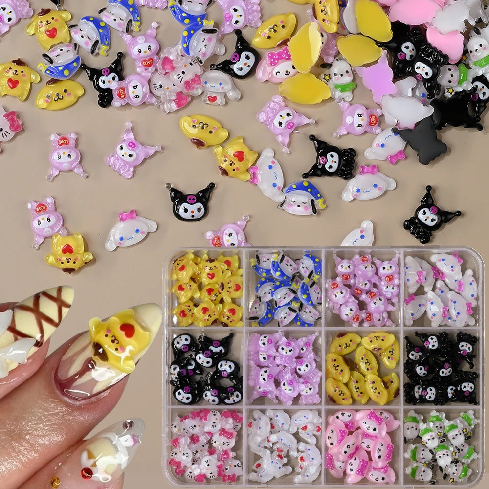 Assorted colorful nail art decorations in a clear organizer with a hand model displaying a yellow nail decoration.