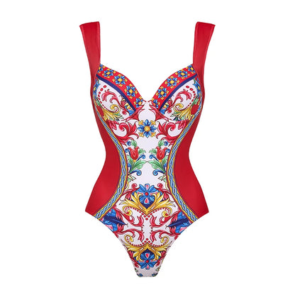 Colorful swimsuit with red straps on a white background