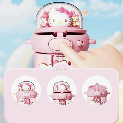Pink robot toy with Hello Kitty design against a colorful background