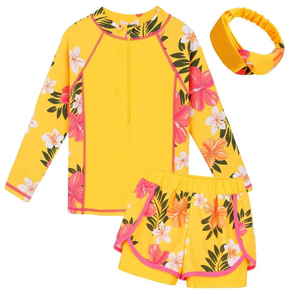 Yellow floral swimsuit set with matching headband on a white background