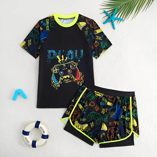 Children's swim set with graphic t-shirt and shorts on a white background