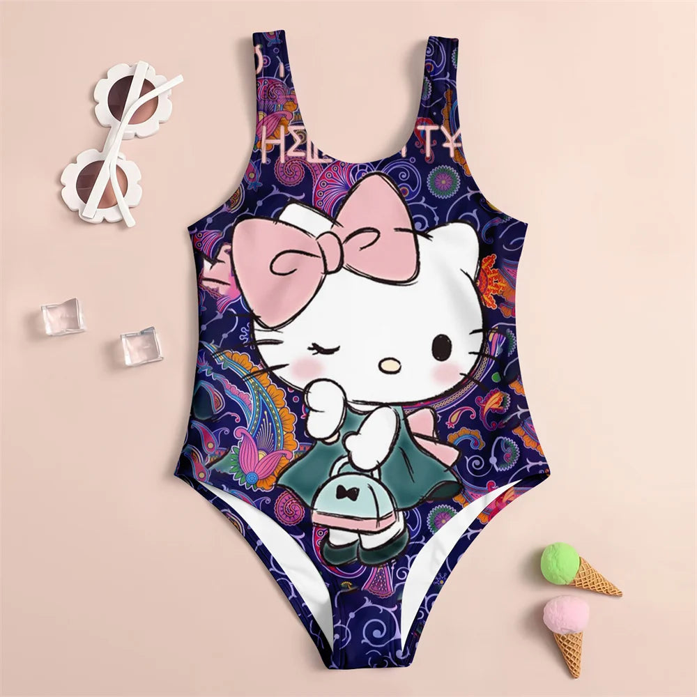 One-piece swimsuit with Hello Kitty design on a beige background