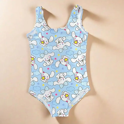 One-piece swimsuit with cartoon dog pattern on a beige background