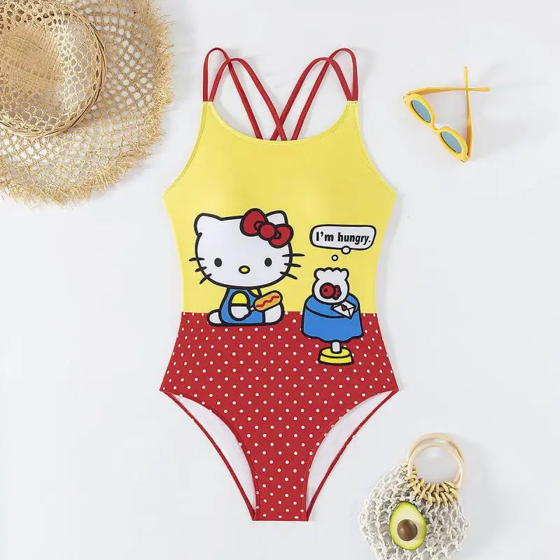 Yellow and red swimsuit with cartoon character on a white background