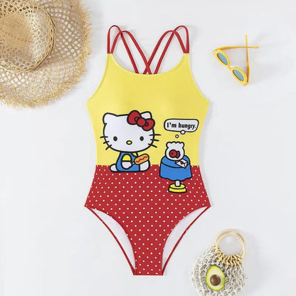 Yellow and red swimsuit with cartoon character on a white background