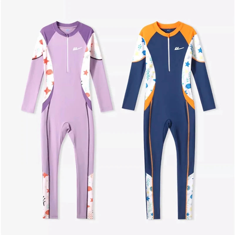 Two children's wetsuits, one purple and one blue with orange accents, on a white background.