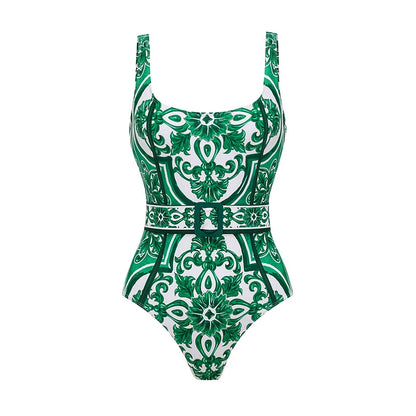 Green and white patterned swimsuit on a white background