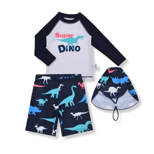 Children's swimsuit set with dinosaur-themed shirt, shorts, and hat on a white background