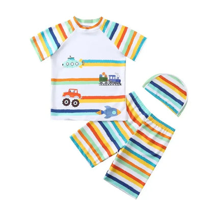 Children's swimsuit set with colorful stripes and vehicle designs on a white background