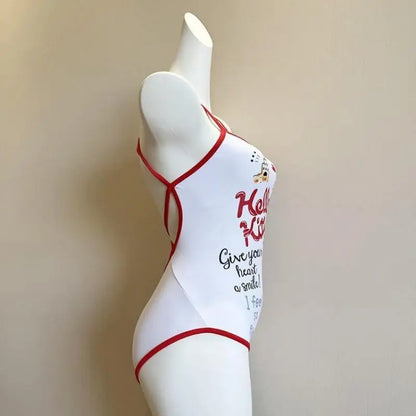 White swimsuit with red accents on a mannequin against a beige background