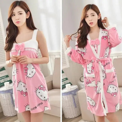 Woman wearing a pink Hello Kitty dress and robe in a room.