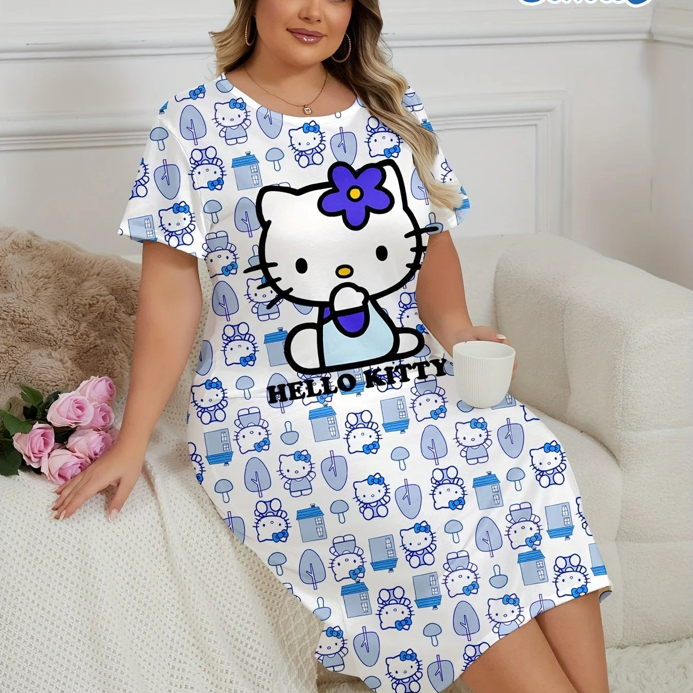 Woman wearing a Hello Kitty nightshirt sitting on a couch with a cup, surrounded by Sanrio characters.