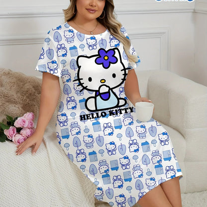 Woman wearing a Hello Kitty nightshirt sitting on a couch with a cup, surrounded by Sanrio characters.