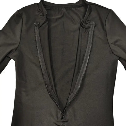 Black long-sleeve garment with zipper detail on a white background