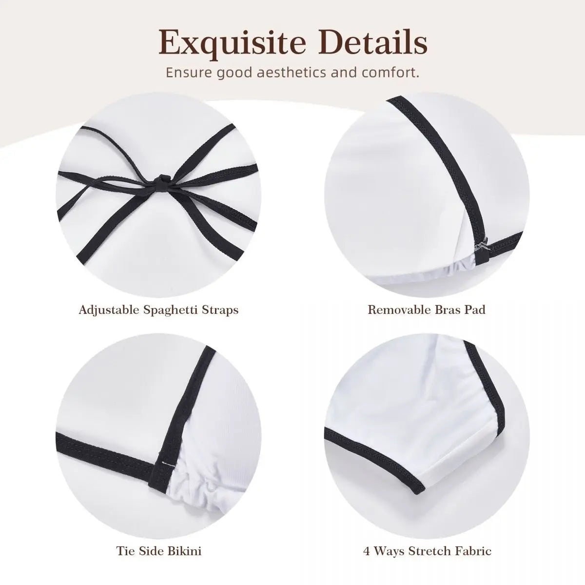 Product features with text highlighting adjustable spaghetti straps, removable bras pad, tie side bikini, and 4 ways stretch fabric.