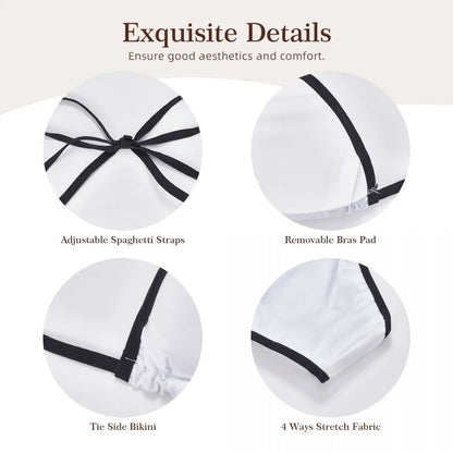 Product features with text highlighting adjustable spaghetti straps, removable bras pad, tie side bikini, and 4 ways stretch fabric.
