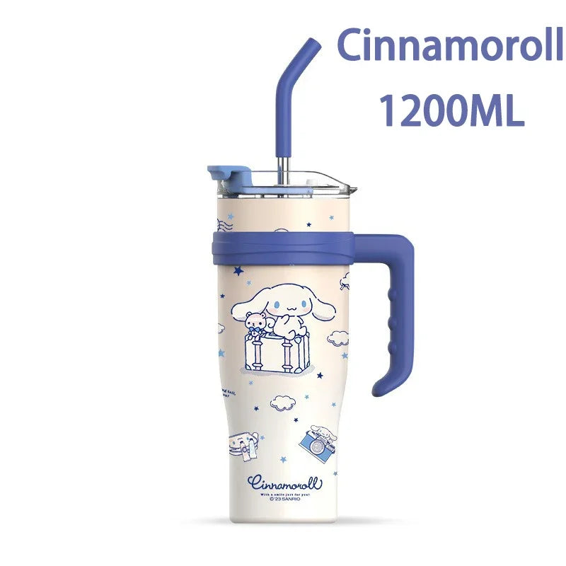 Cinnamoroll-themed tumbler with a straw and handle on a white background