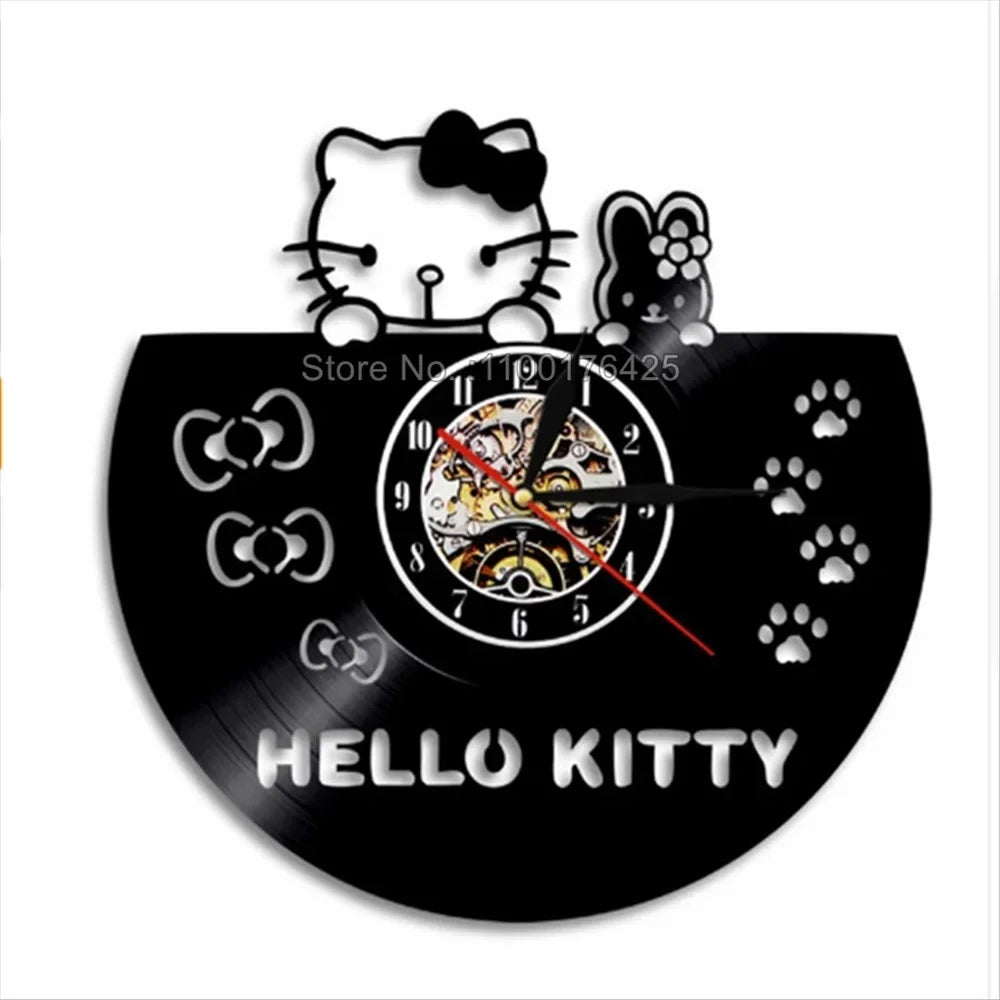 Hello Kitty-themed wall clock made from a vinyl record