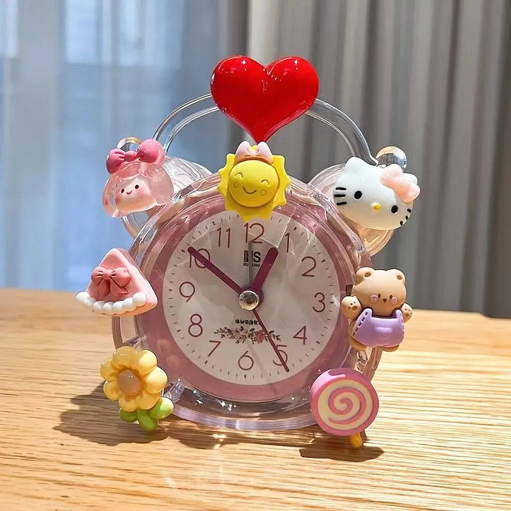 Cute decorative clock with cartoon characters on a wooden surface
