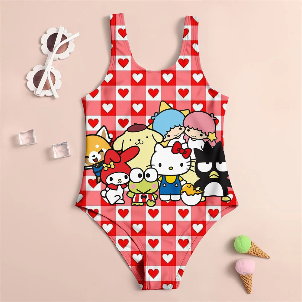 One-piece swimsuit with cartoon characters and red checkered pattern on a beige background